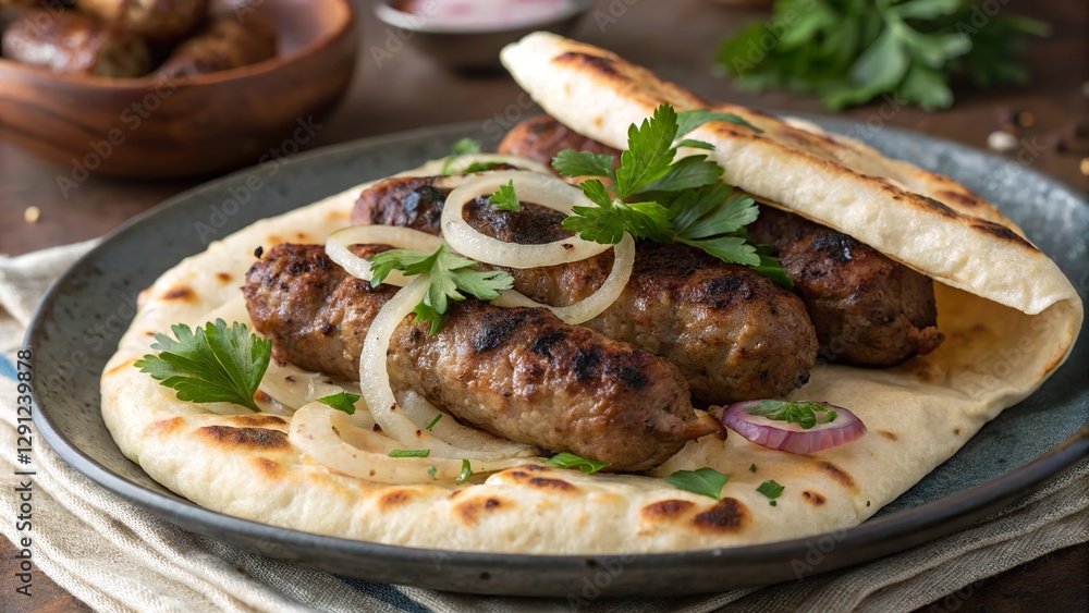 Savory beef cevapi served on warm flatbread with fresh herbs and onions for a flavorful meal Savory beef cevapi served on warm flatbread with fresh herbs and onions for a flavorful meal