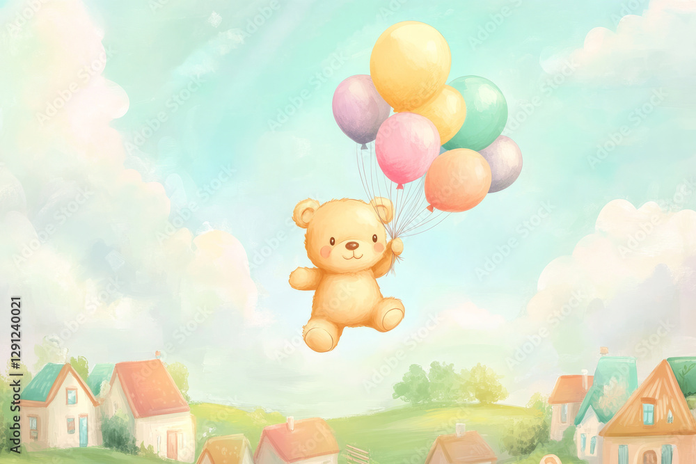 Obraz premium Illustration of a cheerful teddy bear holding a bunch of colorful balloons, floating gently above a tiny whimsical village. The soft pastel colors and dreamy sky create a heartwarming and playful