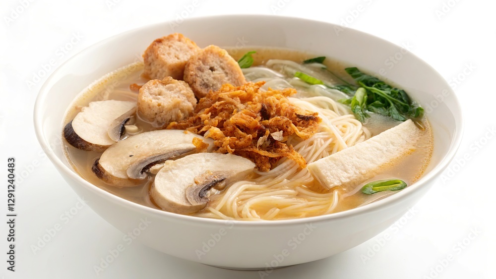 Enjoying a bowl of bee hoon soup with sliced mushrooms and savory ingredients on a serene afternoon Enjoying a bowl of bee hoon soup with sliced mushrooms and savory ingredients on a serene afternoon