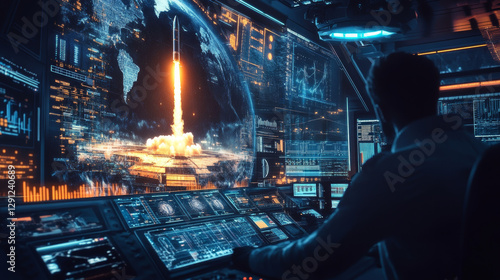 Rocket launch control room space center digital art futuristic environment close-up view exploration concept