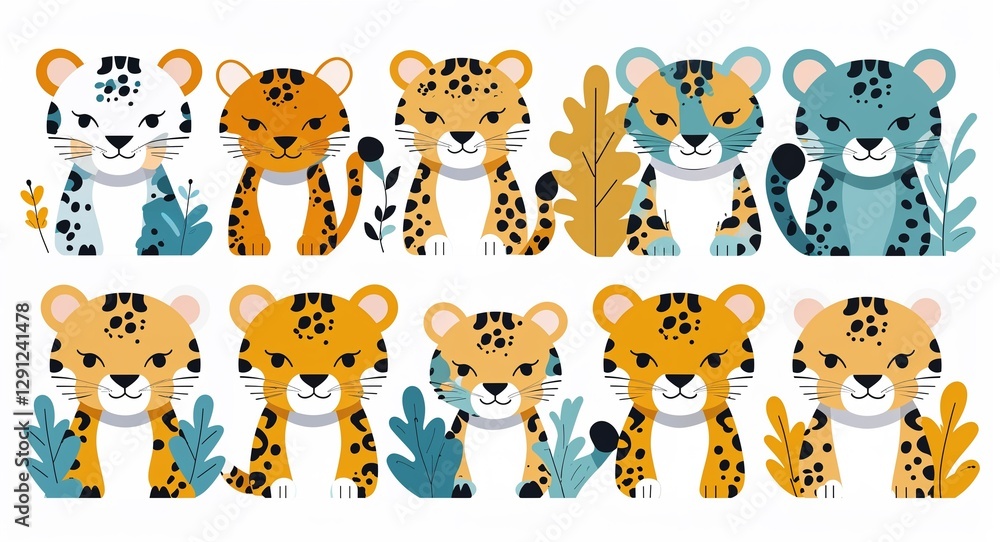 Set bundle of jaguar minimalist childish style illustration on plain white background Set bundle of jaguar minimalist childish style illustration on plain white background