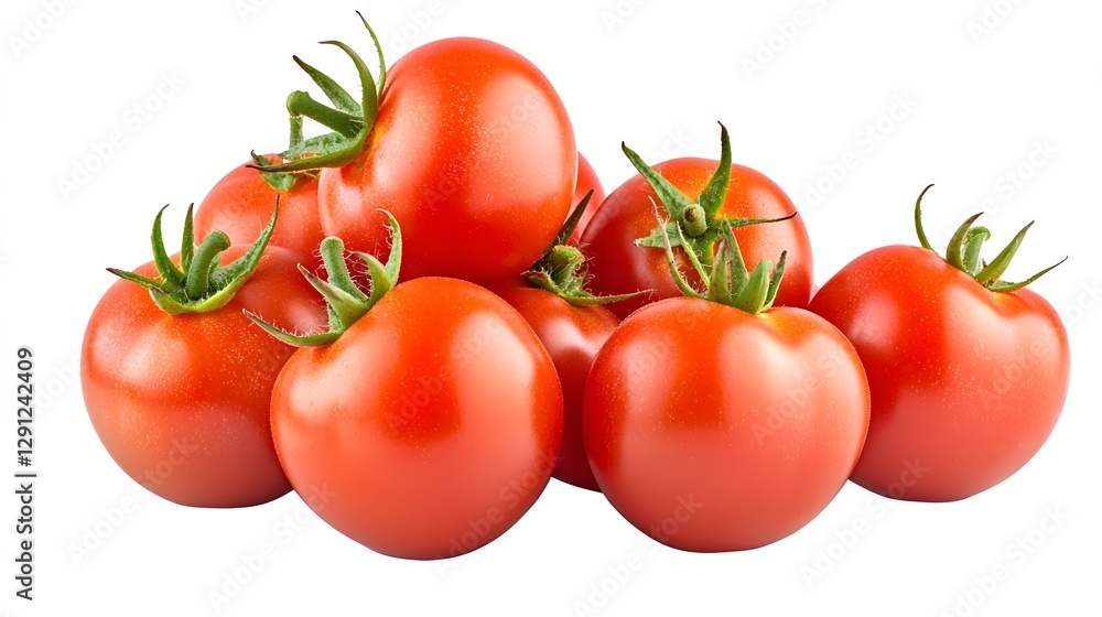 Fresh Red Tomatoes Gathered Together with Green Vines on a White Background Fresh Red Tomatoes Gathered Together with Green Vines on a White Background