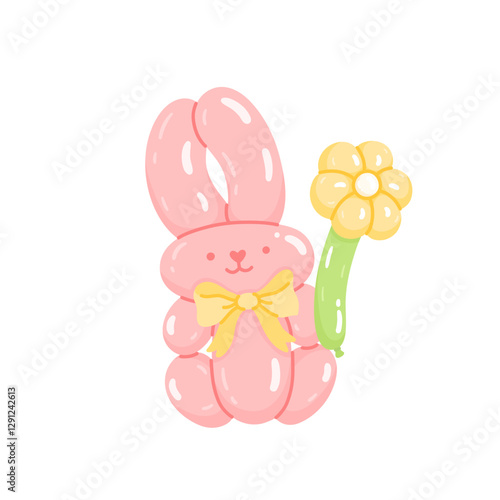 Realistic animal shaped balloon, funny bunny toy with bow and flower. Twisted helium latex ballon. Happy rabbit with positive face expression. Spring, happy easter symbol. Isolated flat vector