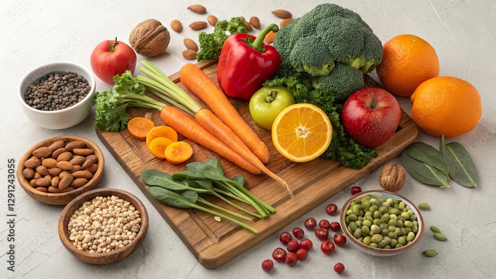 Fresh plant based foods arranged on a wooden cutting board with vibrant colors and textures in a well-lit kitchen setting Fresh plant based foods arranged on a wooden cutting board with vibrant colors and textures in a well-lit kitchen setting