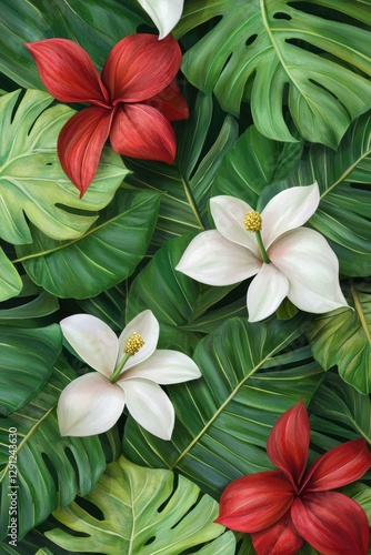 Wallpaper Mural Vibrant Tropical Floral Arrangement with Lush Green Leaves and Colorful Blooms Torontodigital.ca