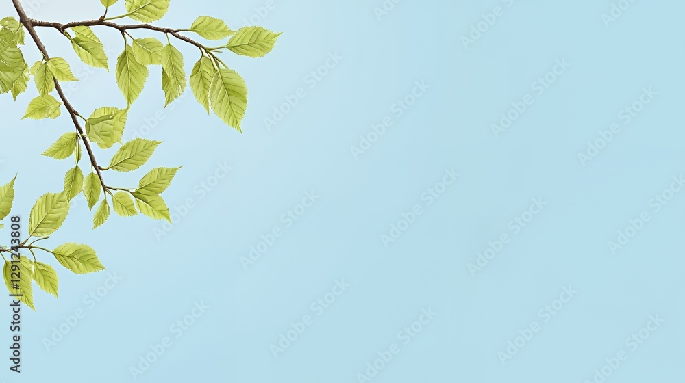 Obraz premium Green Leaves on Branch Against Light Blue Sky
