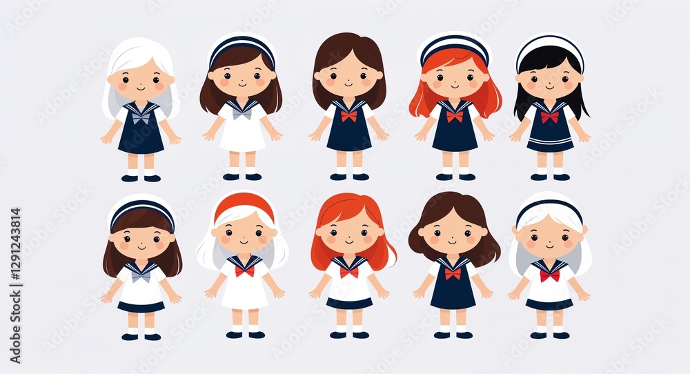 Set bundle of White girl in sailor dress minimalist childish style illustration on plain white background