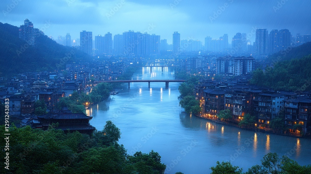 Naklejka premium Misty river flowing through cityscape at dawn
