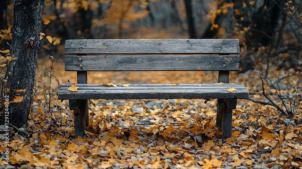 Empty wooden park bench in autumn forest Empty wooden park bench in autumn forest