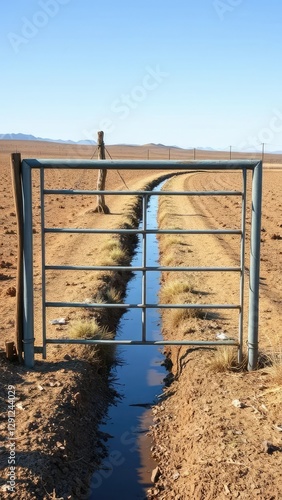 A metal gate marks the entrance to a dry irrigation ditch with a weathered wooden post nearby, landscape, dryland