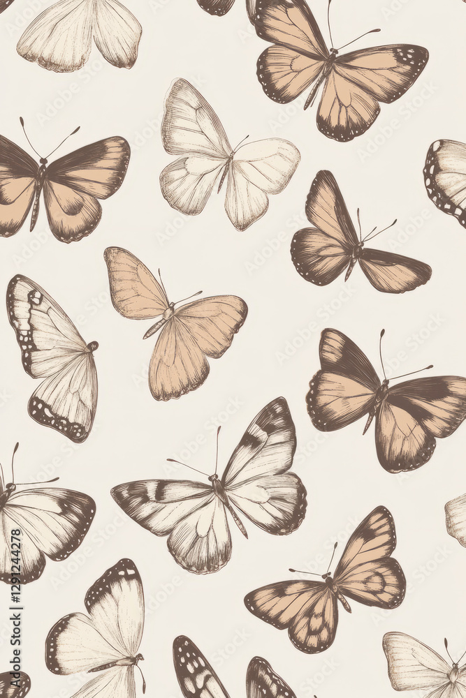 A seamless pattern of delicate hand drawn butterflies in muted earth tones, designed for fabric and textile prints. The soft lines and intricate details create a timeless aesthetic. A seamless pattern of delicate hand drawn butterflies in muted earth tones, designed for fabric and textile prints. The soft lines and intricate details create a timeless aesthetic.