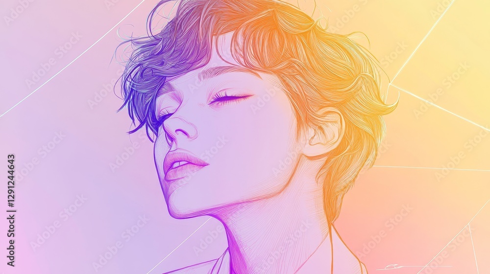Artistic Portrait of a Young Person with Short Hair and Dreamy Expression in Gradient Colors Artistic Portrait of a Young Person with Short Hair and Dreamy Expression in Gradient Colors