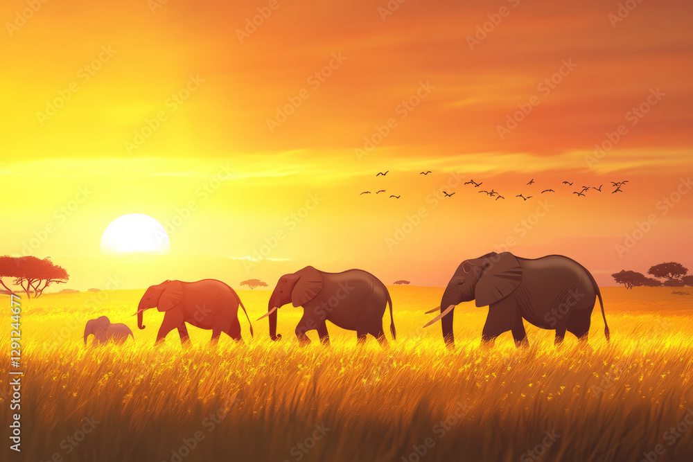 Fototapeta premium Illustration of a family of elephants roaming across the African savannah. The elephants move gracefully across the golden grass, while the setting sun paints the sky in warm shades of orange and pink