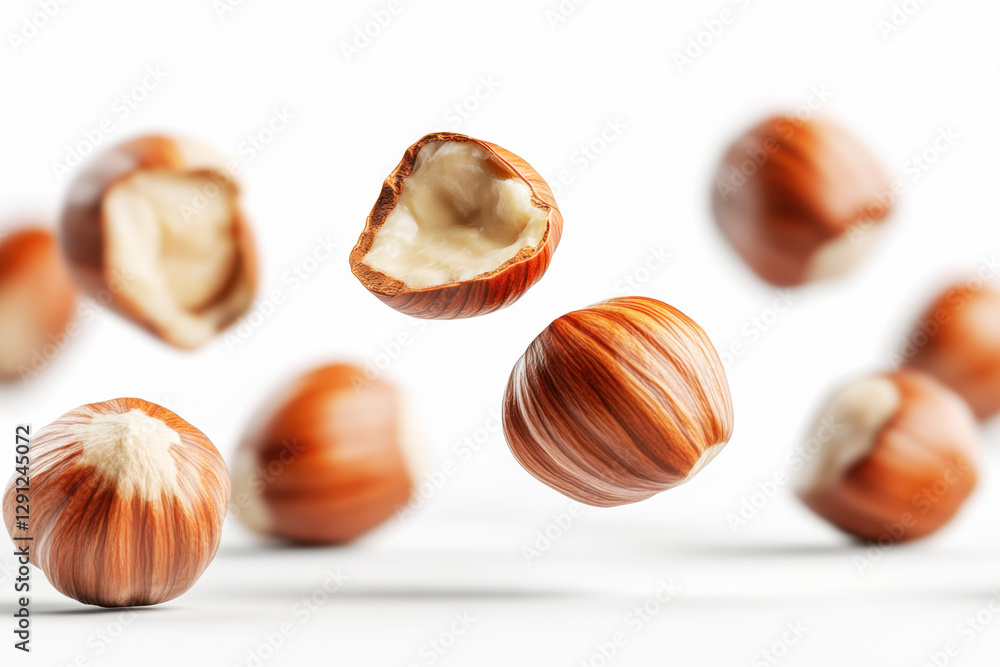 Hazelnuts floating in air on a white background Hazelnuts floating in air on a white background