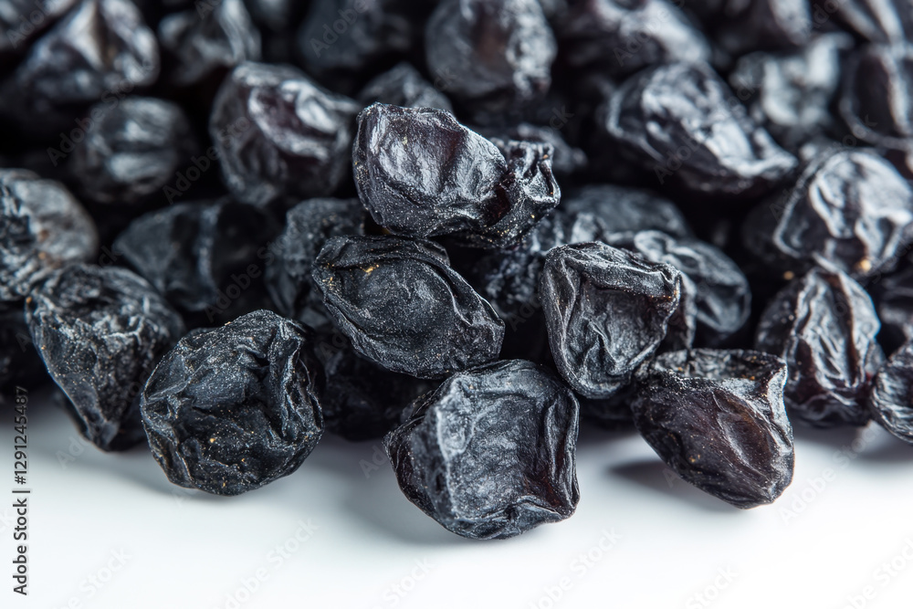 Dried black berries in close-up view showcasing texture and shape Dried black berries in close-up view showcasing texture and shape