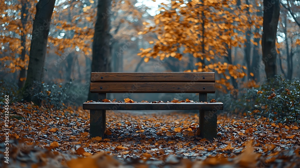 Empty wooden park bench in autumnal forest Empty wooden park bench in autumnal forest