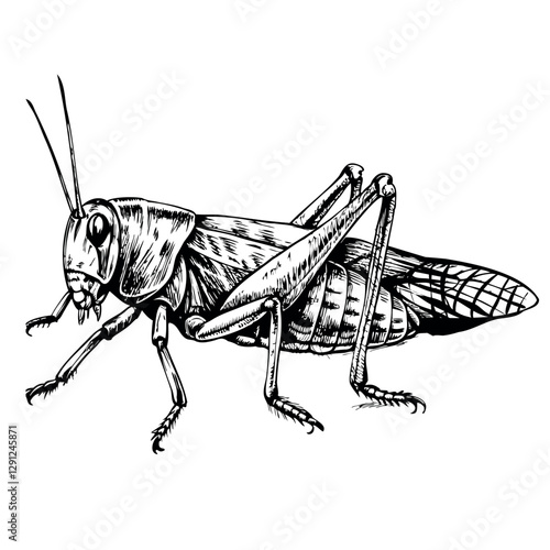 A black and white drawing of a grasshopper