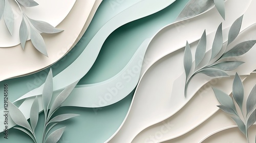Abstract artwork depicts layered flowing waves and decorative leaves