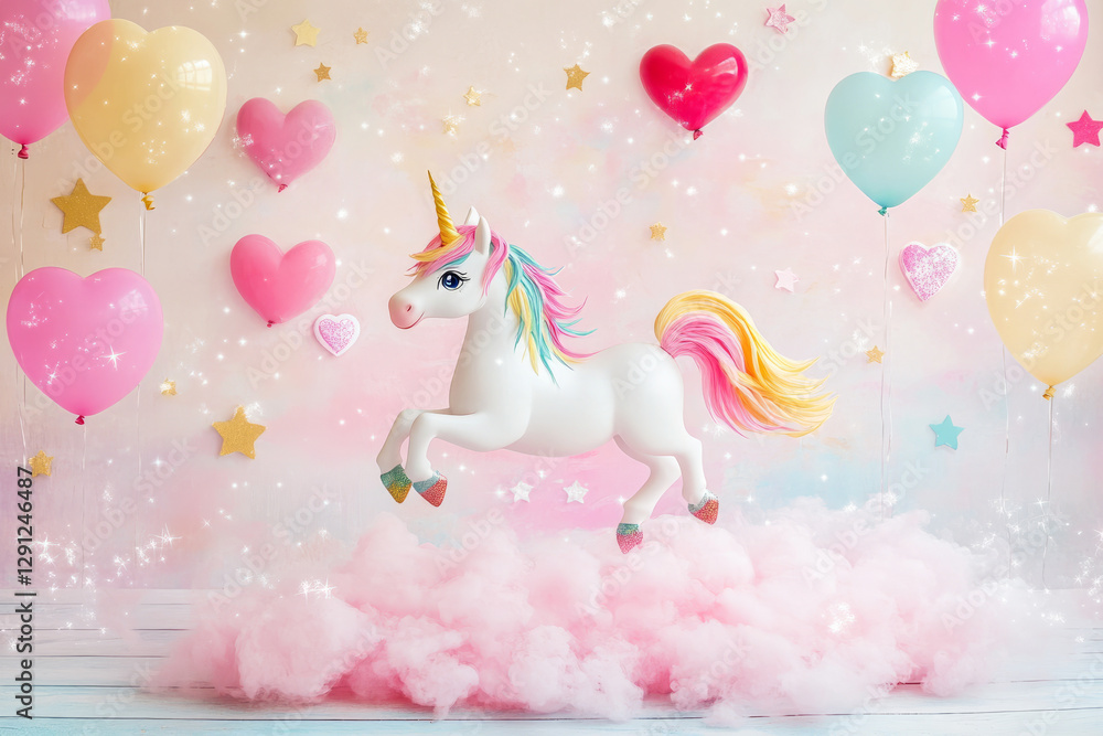 Obraz premium A cheerful unicorn with a rainbow mane prancing across a fluffy pink cloud, leaving a sparkling trail of stardust behind. The pastel background is filled with twinkling stars and floating heart shaped