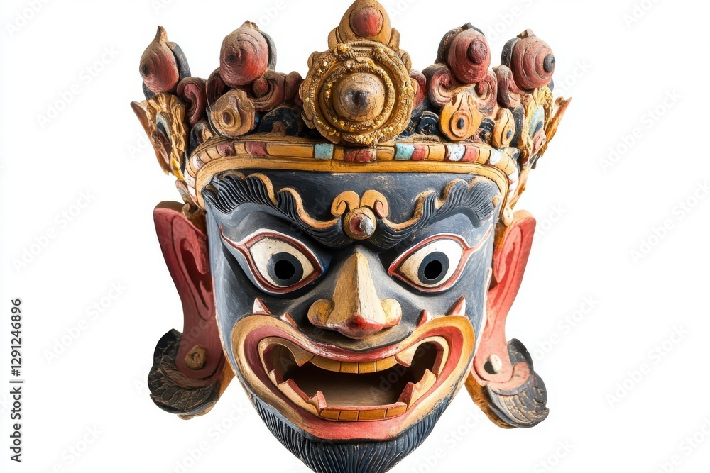 Naklejka premium Intricate Hand Carved Wooden Mask Of A Deity