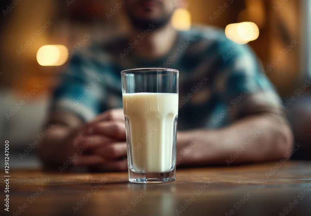 Glass of milk on wooden table with blurred background, person sitting in cafe, cozy atmosphere, focus on drink, casual lifestyle, healthy choice Glass of milk on wooden table with blurred background, person sitting in cafe, cozy atmosphere, focus on drink, casual lifestyle, healthy choice
