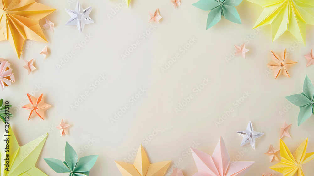 White background with simple origami flower and leaf border frame, ideal for artistic replication in the middle. White background with simple origami flower and leaf border frame, ideal for artistic replication in the middle.