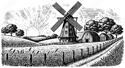 dutch windmill in farmland sketch engraving black and white outline. Scratch board imitation.
