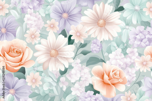 A floral pattern with delicate daisies, roses, and lilies in soft pastel colors like lavender, peach, and mint green. The design is intricate and elegant, perfect for vintage style dresses or