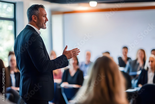 Business man leading a business workshop. Corporate executive delivering a presentation to his colleagues during meeting or in-house business training. Business and entrepreneurship concept.