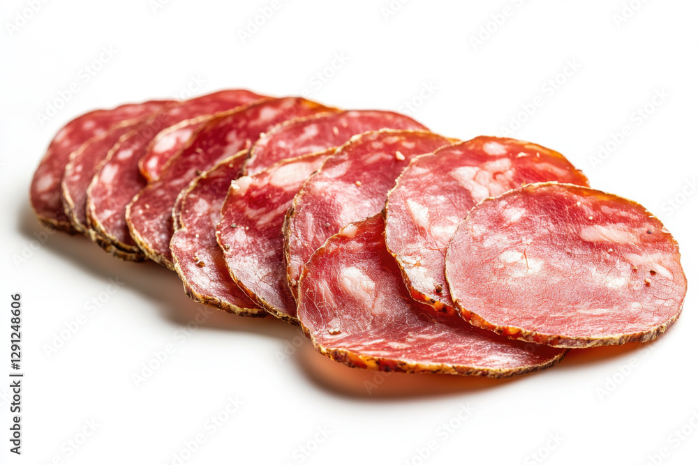 Slices of cured meat arranged neatly on a white surface Slices of cured meat arranged neatly on a white surface