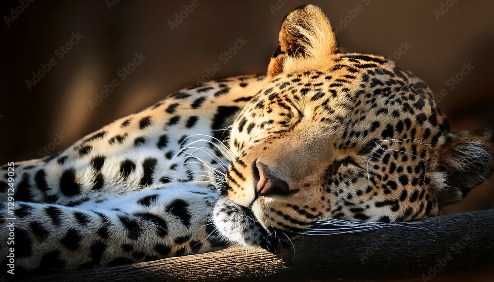 Obraz premium Sleeping Leopard Curled Up in Soft Light, Its Spotted Fur Glowing Gently