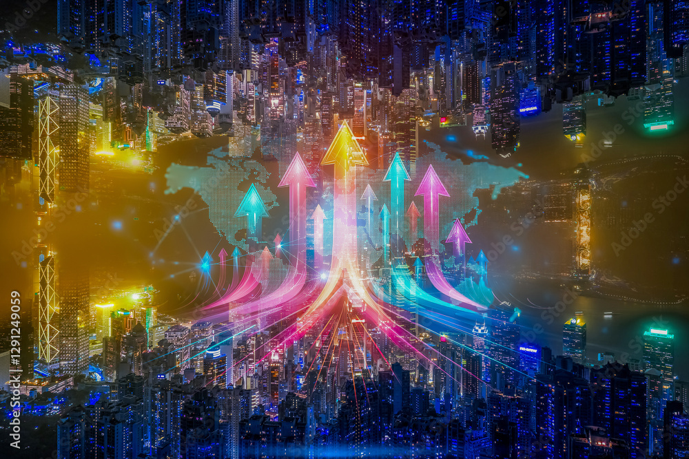 Fototapeta premium Hong Kong's business concept is visualized with upward arrows over a cityscape and world map, symbolizing growing up and global expansion.