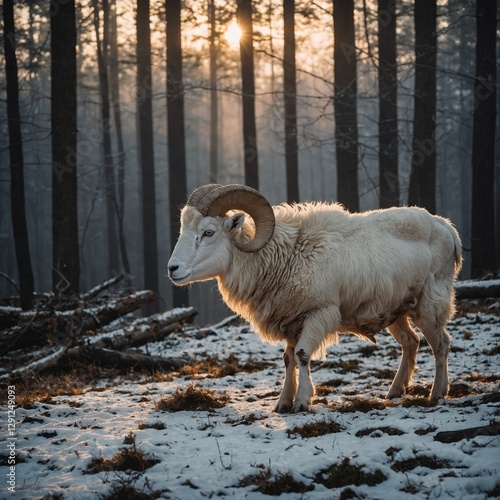 A snowy white ram walking through a misty forest at sunset.
