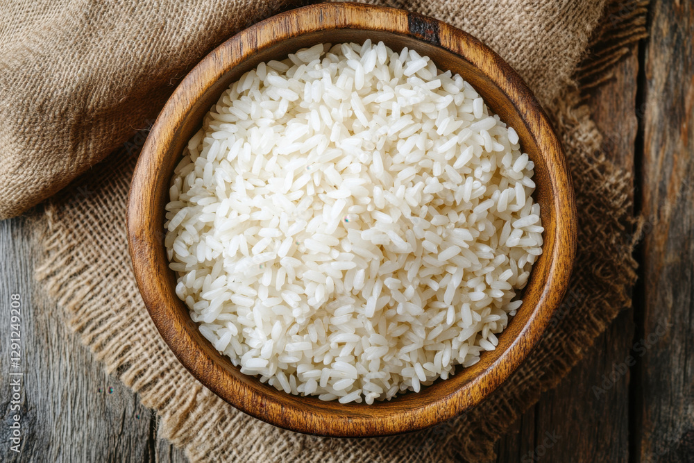 White rice in a wooden bowl on rustic fabric background