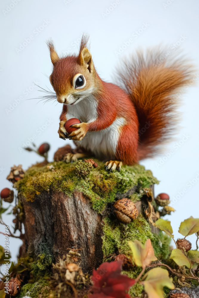 Obraz premium A tiny red squirrel sitting atop a mossy tree stump, nibbling on an acorn. The detailed fur and expressive eyes give the scene an endearing, lively energy.
