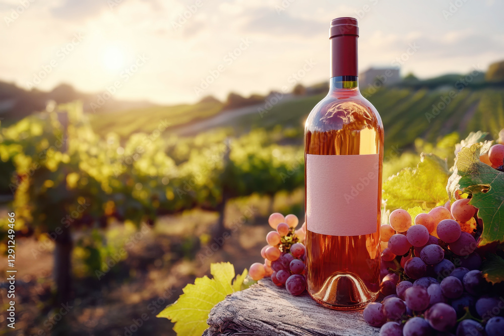 Fototapeta premium Vineyard at sunset with bottle of rose wine and fresh grapes