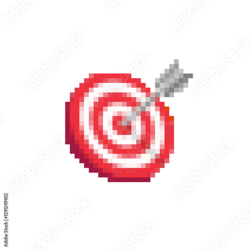 Pixel art of target landing and arrow illustration. Pixelated red and white target 