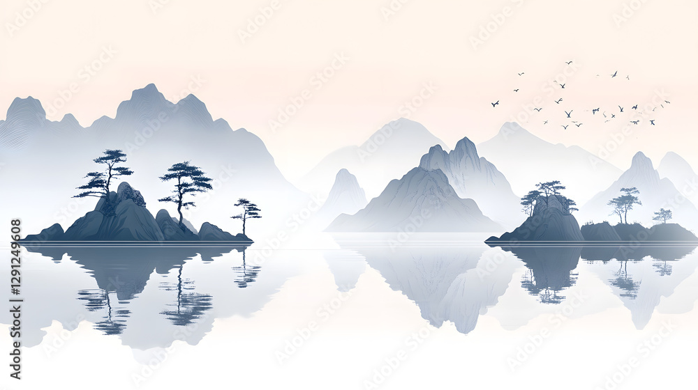 Fototapeta premium In the early morning, there is mist on top of the mountains and water in front of them 