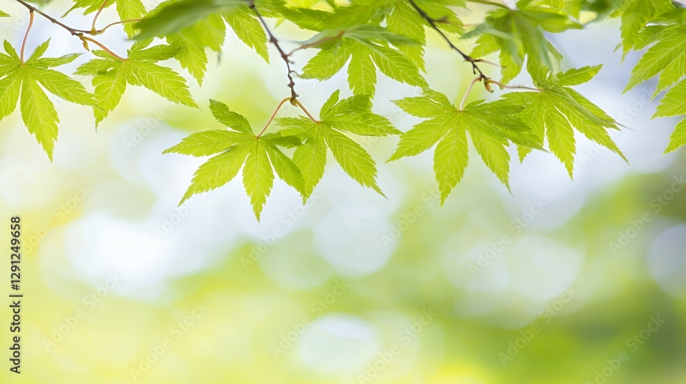 Bright Green Maple Leaves on Branch Soft Focus Background Bright Green Maple Leaves on Branch Soft Focus Background