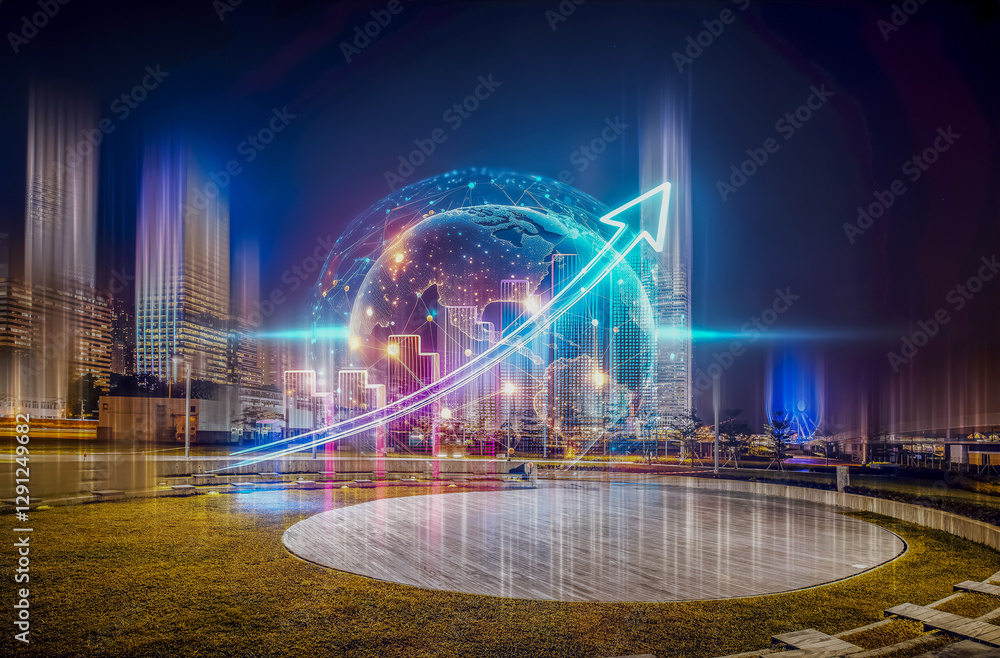Obraz premium Hong Kong business concept of growing up and global expansion. Digital cityscape with an upward arrow, symbolizing progress.