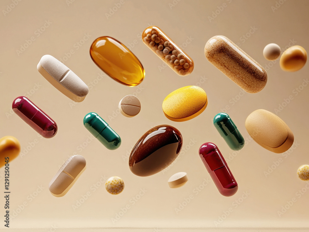 Various dietary supplements in mid-air against a neutral background Various dietary supplements in mid-air against a neutral background