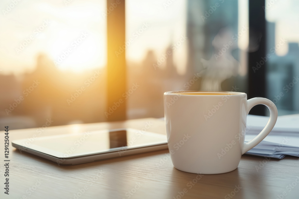 Morning coffee beside tablet in a sunlit office with city views Morning coffee beside tablet in a sunlit office with city views