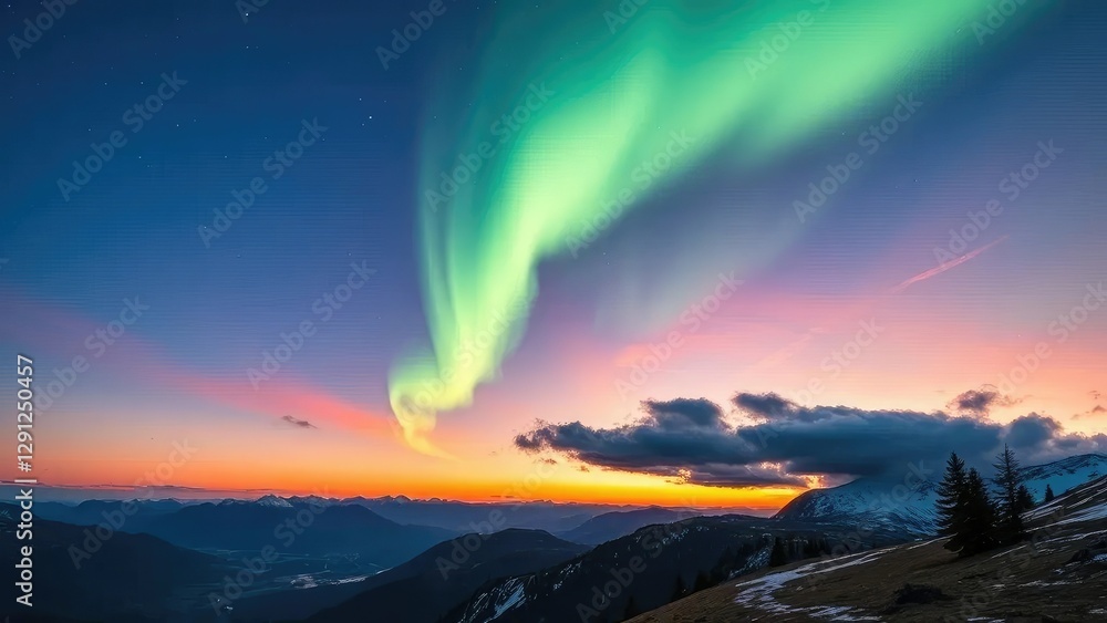 A serene alpine landscape at sunset with an aurora borealis in the sky, northern lights, colors A serene alpine landscape at sunset with an aurora borealis in the sky, northern lights, colors