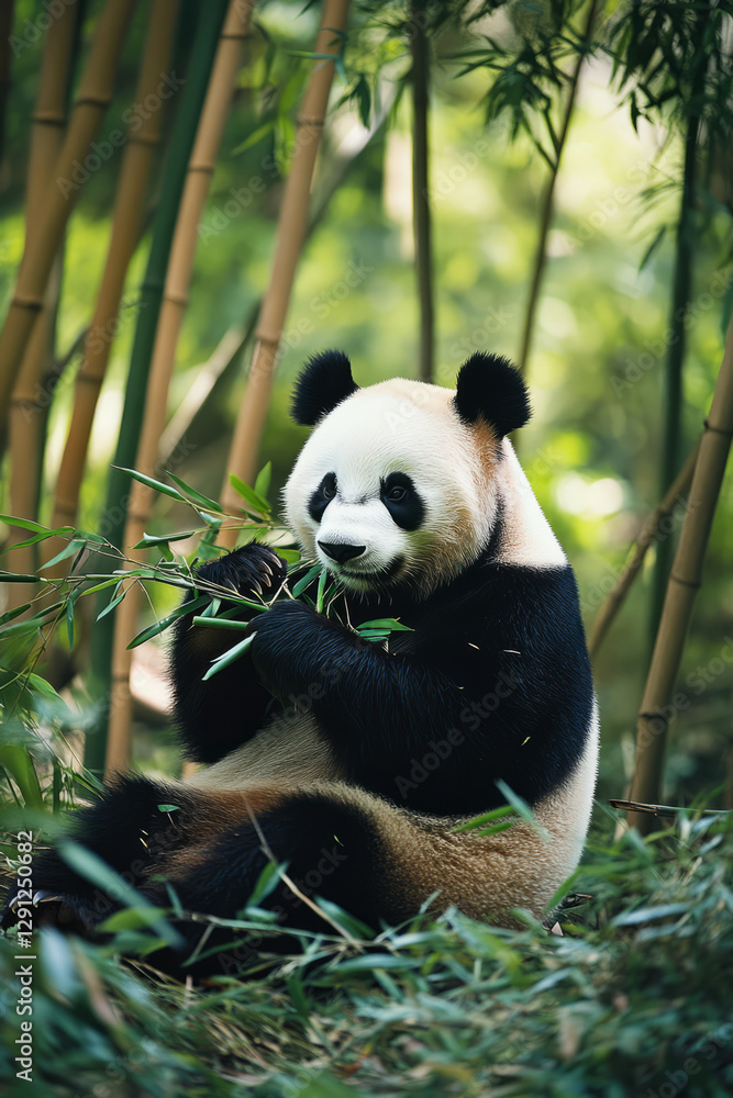Fototapeta premium A playful panda munching on bamboo in a bamboo grove. The panda sits on its hind legs, content and relaxed, surrounded by a lush green landscape of tall bamboo stalks.