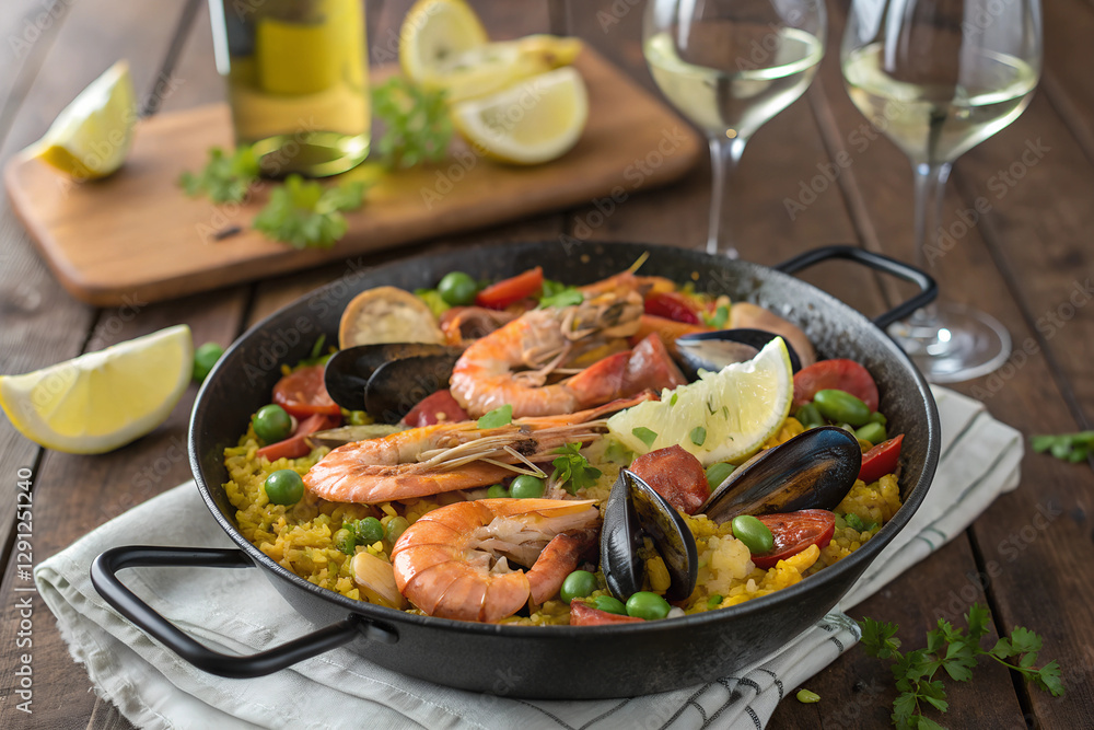 Colorful seafood paella in a traditional pan with shrimp, mussels, chorizo, and fresh vegetables, garnished with parsley and lemon wedges, accompanied by glasses of white wine on a rustic wooden table Colorful seafood paella in a traditional pan with shrimp, mussels, chorizo, and fresh vegetables, garnished with parsley and lemon wedges, accompanied by glasses of white wine on a rustic wooden table