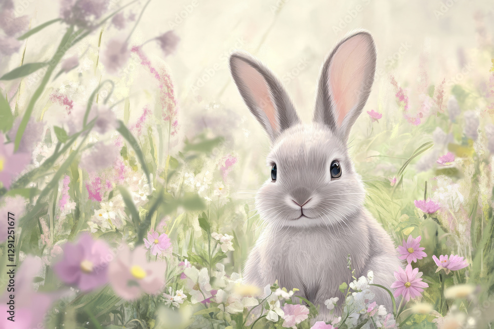 Obraz premium Illustration of a fluffy bunny with large ears, sitting in a meadow full of pastel colored flowers. The bunny soft fur and the delicate, dreamy surroundings create a peaceful, whimsical atmosphere