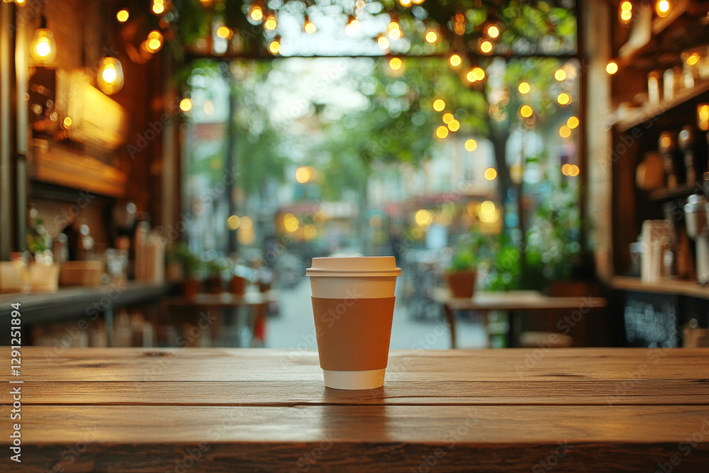 Cozy cafe setting with warm lights and a coffee cup on the table Cozy cafe setting with warm lights and a coffee cup on the table