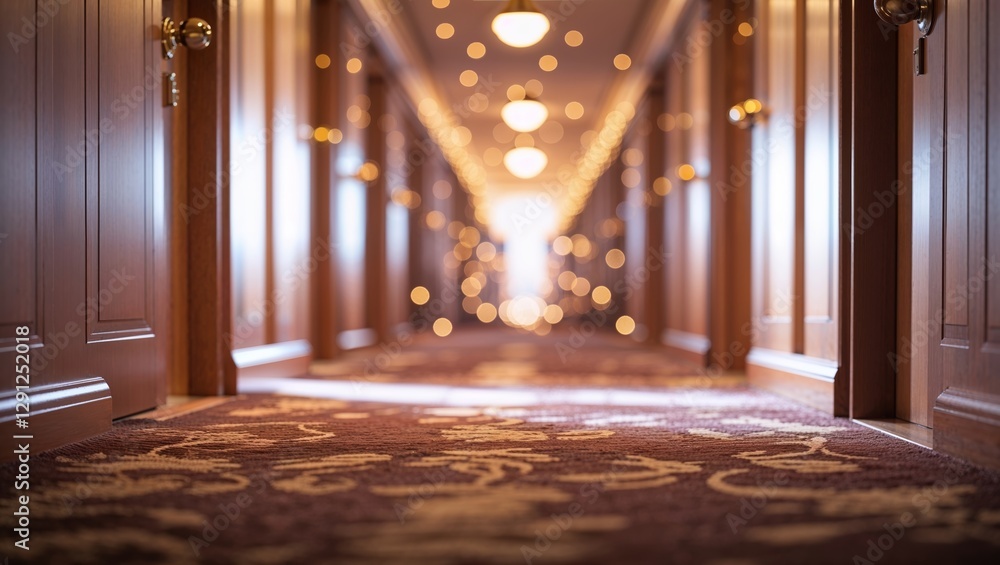 Obraz premium Hallway adorned with soft lighting and luxurious carpet in a hotel during evening hours