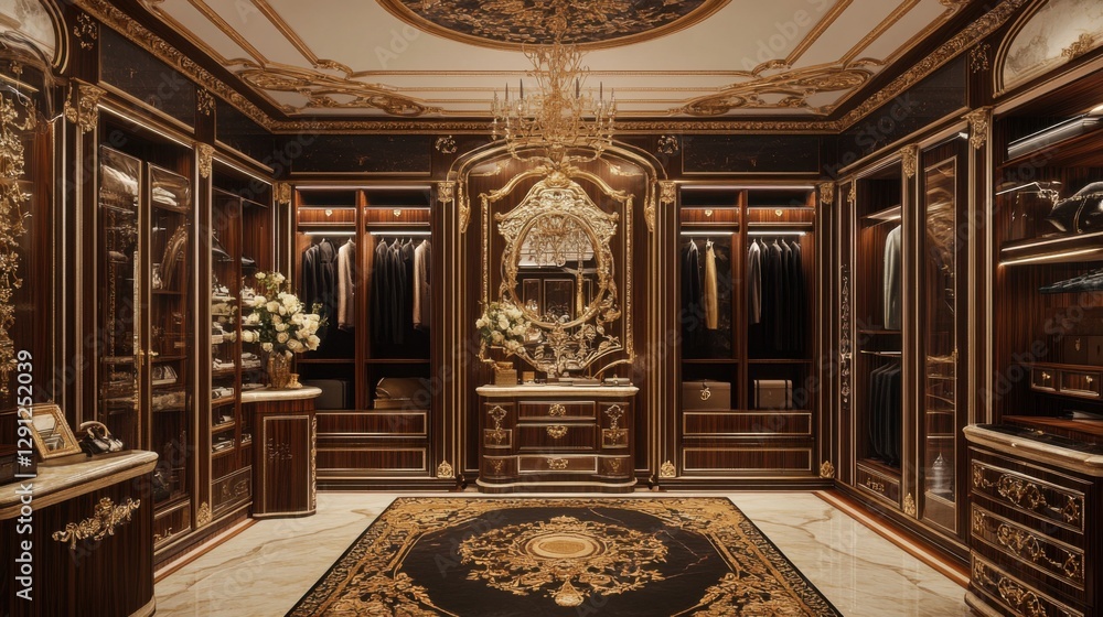 Obraz premium luxurious walk-in closet design with gold accents