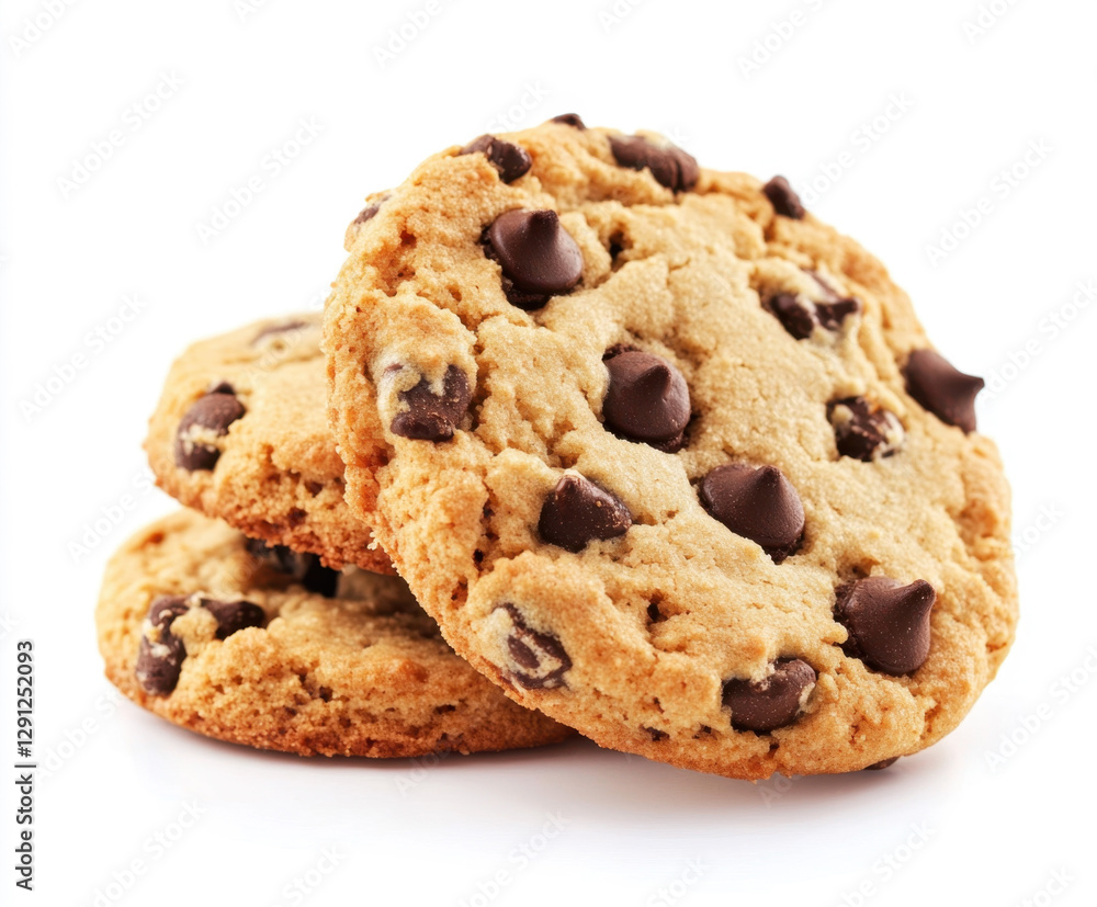 Delicious cookies with chocolate chips stacked on a white background Delicious cookies with chocolate chips stacked on a white background